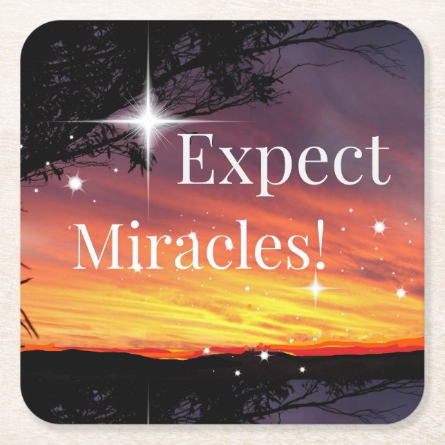 Expect Miracles Sparkle Sunset Inspirational Quote Square Paper Coaster (Front)