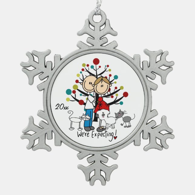 Expectant Couple 2 Cats Dog Snowflake Ornament (Front)