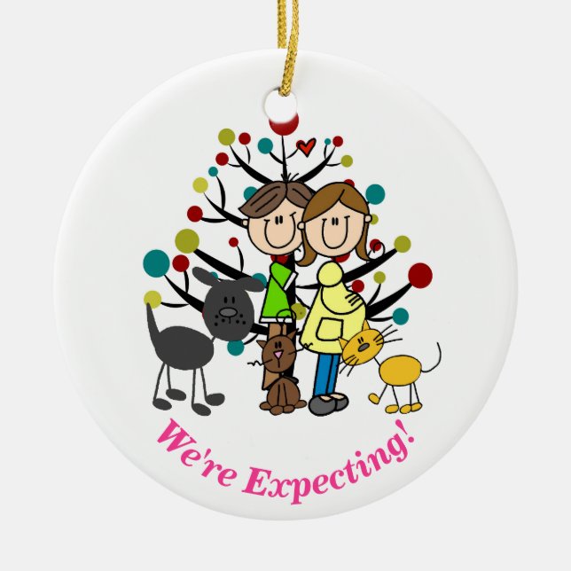 Expectant Couple, Two Cats, Dog Ornament (Front)