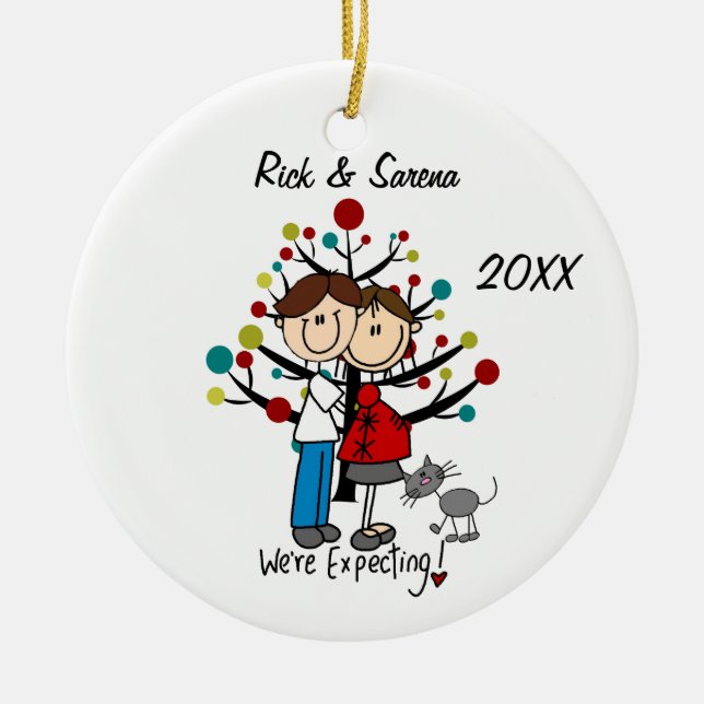 Expectant Couple With Grey Cat Ornament (Front)