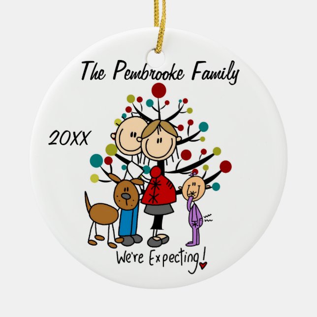 Expectant Couple with Toddler Girl/Dog Ornament (Front)