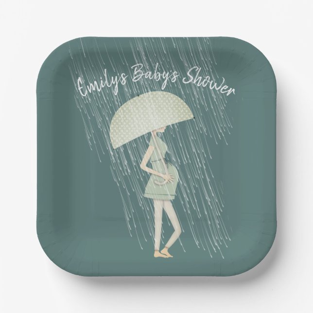 Expectant Mum with Umbrella   Paper Plate (Front)
