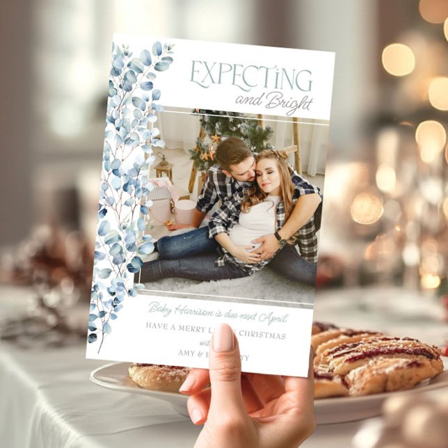 Expecting and Bright Square Photo Pregnancy Holiday Card (Expecting and Bright Christmas Card Pregnancy Announcement by Darling & May)