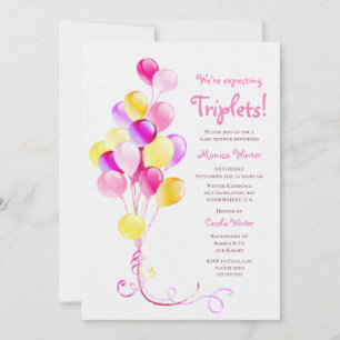 Expecting Triplets Pink Balloons Baby Shower Invitation