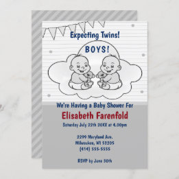 Expecting Twin Boys Cloud Baby Shower Grey Shades Invitation