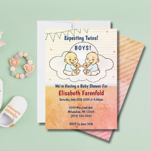 Expecting Twin Boys Cloud Baby Shower Retro Invitation