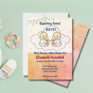 Expecting Twin Boys Cloud Baby Shower Retro Invitation