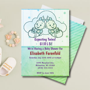 Expecting Twin Girls Cloud Baby Shower in Green Invitation