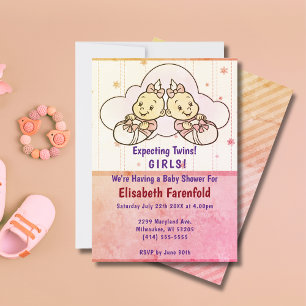 Expecting Twin Girls Cloud Baby Shower Retro Invitation