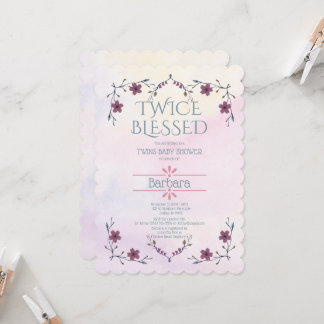 Expecting Twins: Boho floral & lavender watercolor Invitation