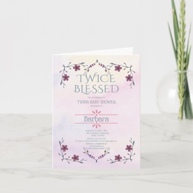 Expecting Twins: Boho floral & lavender watercolor Invitation (Front)