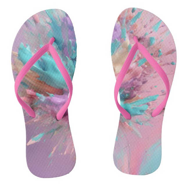 Exploding Paint Abstract Pink Turquoise Lilac Thongs (Footbed)