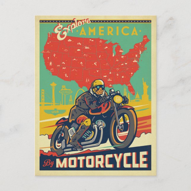 Explore America By Motorcycle Postcard (Front)