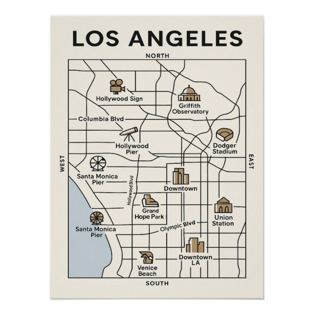 Explore Los Angeles – Minimalist Iconic Map Poster (Front)