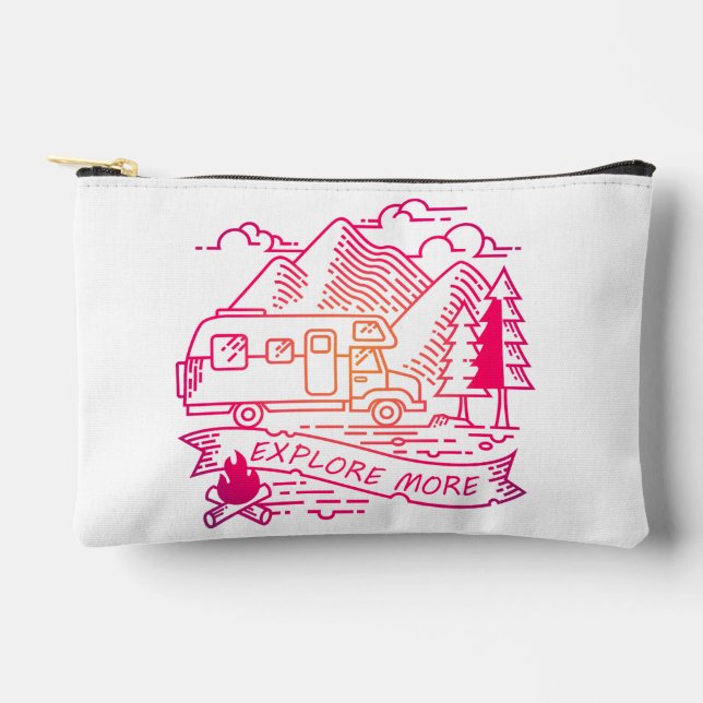 Explore More Pink Camper Van Mountain Nature Lover Accessory Pouch (Front)