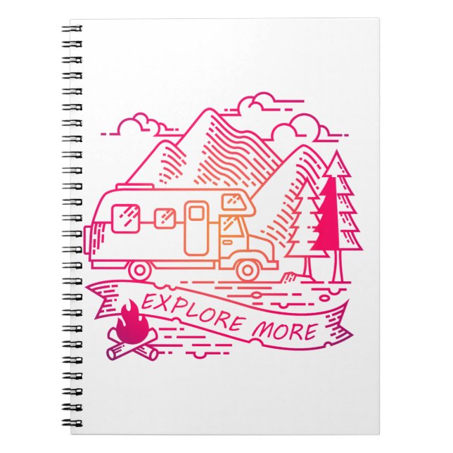 Explore More Pink Camper Van Mountain Nature Lover Notebook (Front)