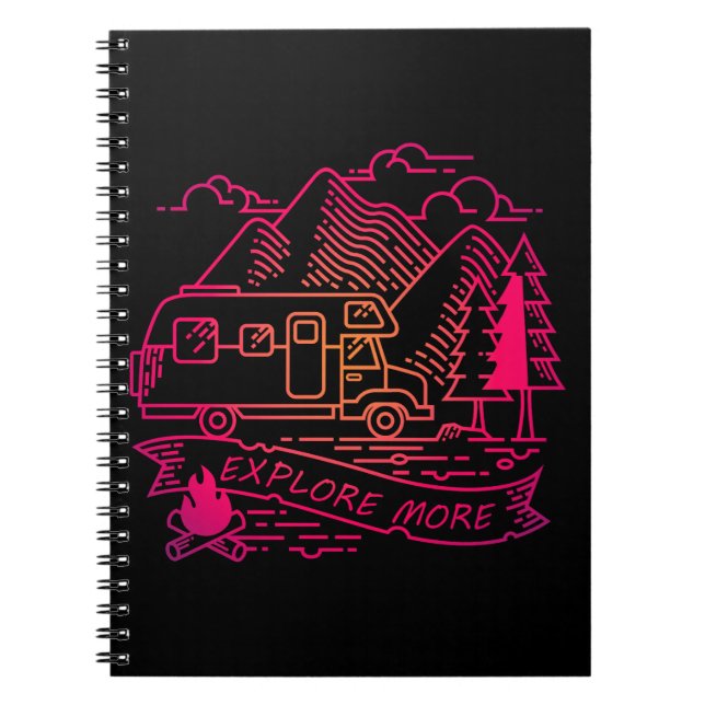 Explore More Pink Camper Van Mountain Nature Lover Notebook (Front)