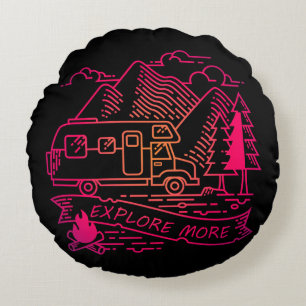 Explore More Pink Camper Van Mountain Nature Lover Round Cushion