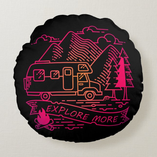 Explore More Pink Camper Van Mountain Nature Lover Round Cushion (Front)