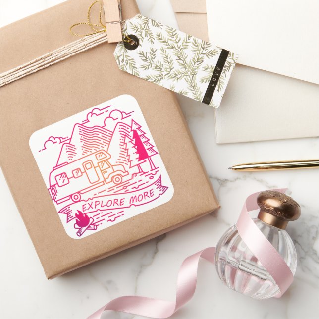Explore More Pink Camper Van Mountain Nature Lover Square Sticker (Gifting)