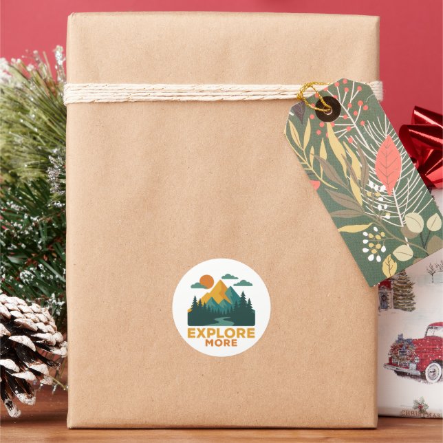 Explore More – Retro Mountain & Forest Adventure Classic Round Sticker (Holiday)