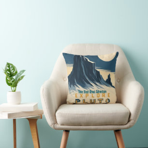 Explore Pluto Vintage Travel Poster - Retro Space Cushion