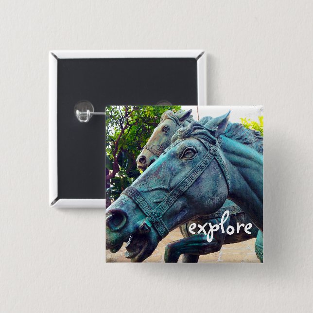 Explore Script Turquoise Horses Antique Statue 15 Cm Square Badge (Front & Back)
