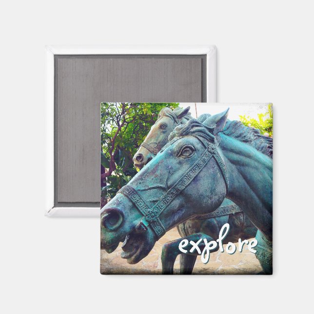 Explore Script Turquoise Horses Antique Statue Magnet (Front/Back)