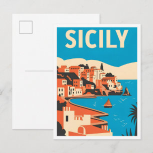 Explore Sicily Italy Vintage Travel Illustration Postcard