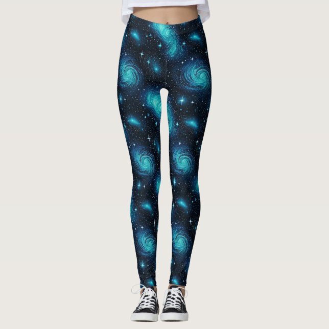 Explore the Cosmos in Vibrant Blue Galaxy Leggings (Front)