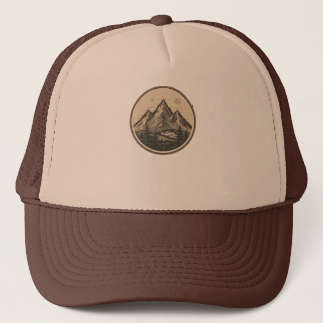 Explore the Peaks – Mountain Vector Emblem Trucker Hat (Front)