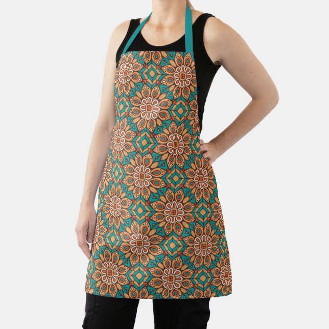 Explore Vibrant Floral Motifs in Geometric Pattern Apron (Insitu)