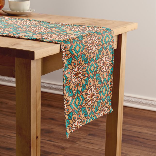 Explore Vibrant Floral Motifs in Geometric Pattern Short Table Runner (In Situ)