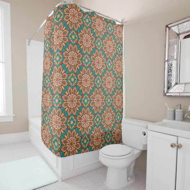 Explore Vibrant Floral Motifs in Geometric Pattern Shower Curtain (In Situ)