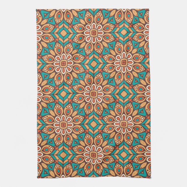 Explore Vibrant Floral Motifs in Geometric Pattern Tea Towel (Vertical)