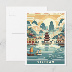Explore Vietnam Vintage Travel Illustration Postcard