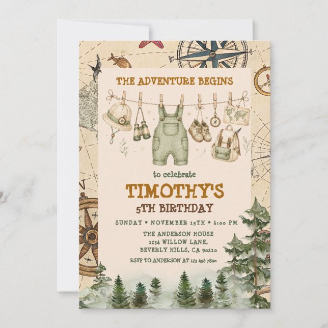 Explorer The Adventure Begins Boy Birthday  Invitation (Front)