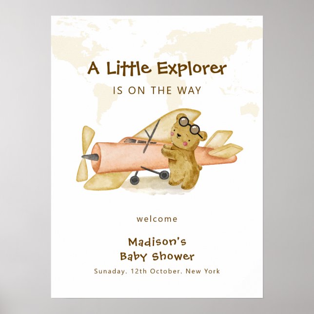 Explorer World Map Airplane Baby Shower Welcome  Poster (Front)