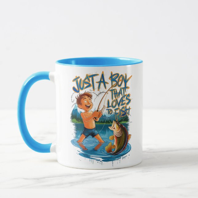 Exploring Nature: Boy Fishing With a Big Catch Mug (Left)