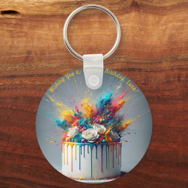 Explosion of Joy – Happy Birthday Cake Key Ring (Front)