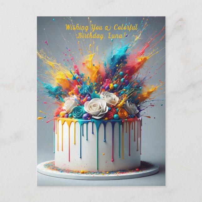 Explosion of Joy – Happy Birthday Cake Postcard (Front)