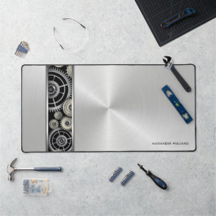 Exposed Gears on Brushed Silver with Your Name Desk Mat