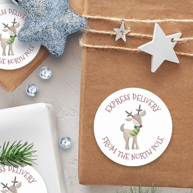 Express Delivery from the North Pole | Reindeer Classic Round Sticker (Express delivery from the north pole red nosed reindeer sticker)