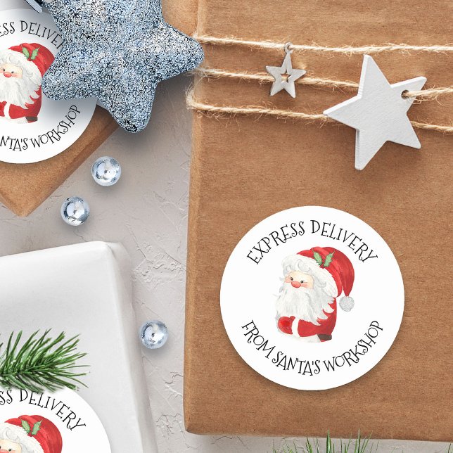 Express Delivery Santa's Workshop Father Christmas Classic Round Sticker (Express delivery from Santa's workshop christmas sticker for kids)