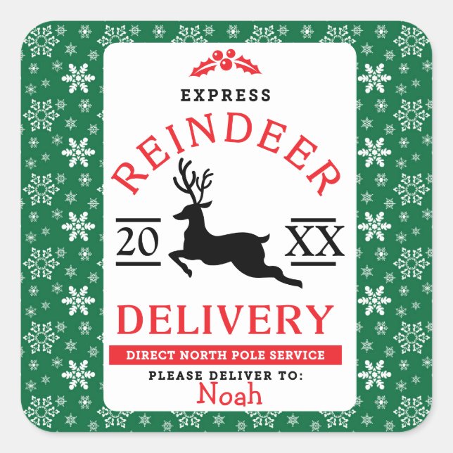 Express Reindeer Delivery Personalised Gift Square Sticker (Front)