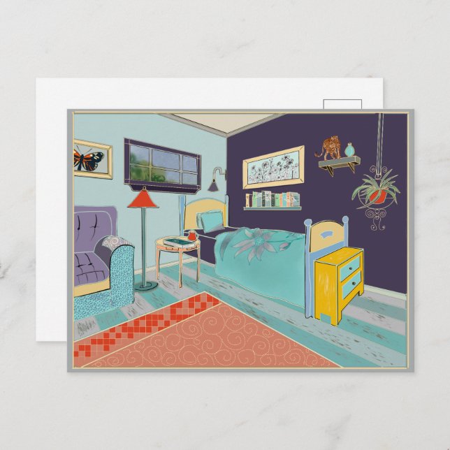 Expressionist art blue bedroom postcard (Front/Back)