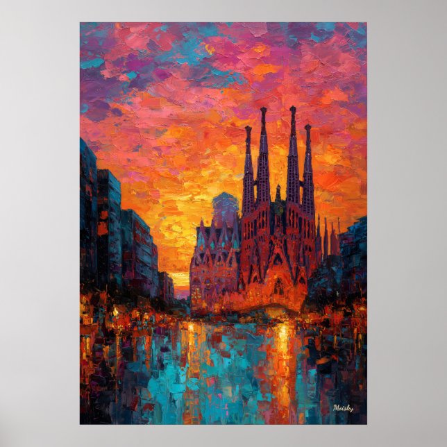 Expressionist Barcelona Skyline Vibrant Cityscape  Poster (Front)