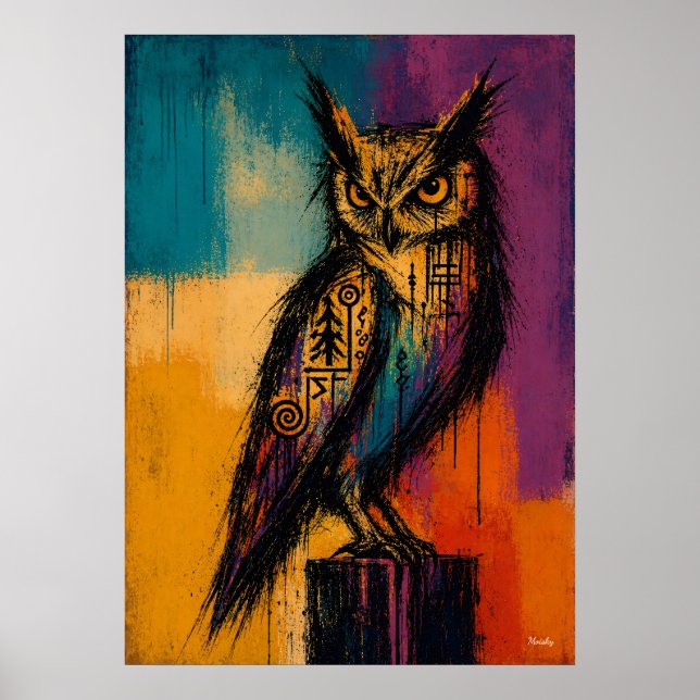 Expressionist Owl in Color Fields Abstract Poster (Front)