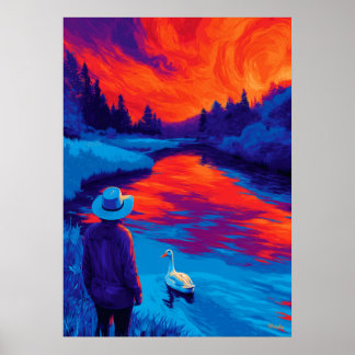 Expressionist River Sunset Contemplation Art Poster