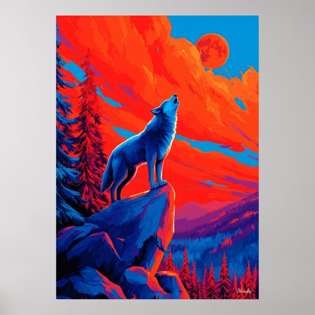 Expressionist Wolf Under Crimson Moon Wall Art (Front)